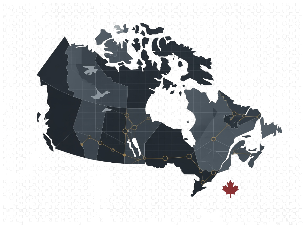 Abstract illustration of Canada with connected link nodes representing editorial digital authority